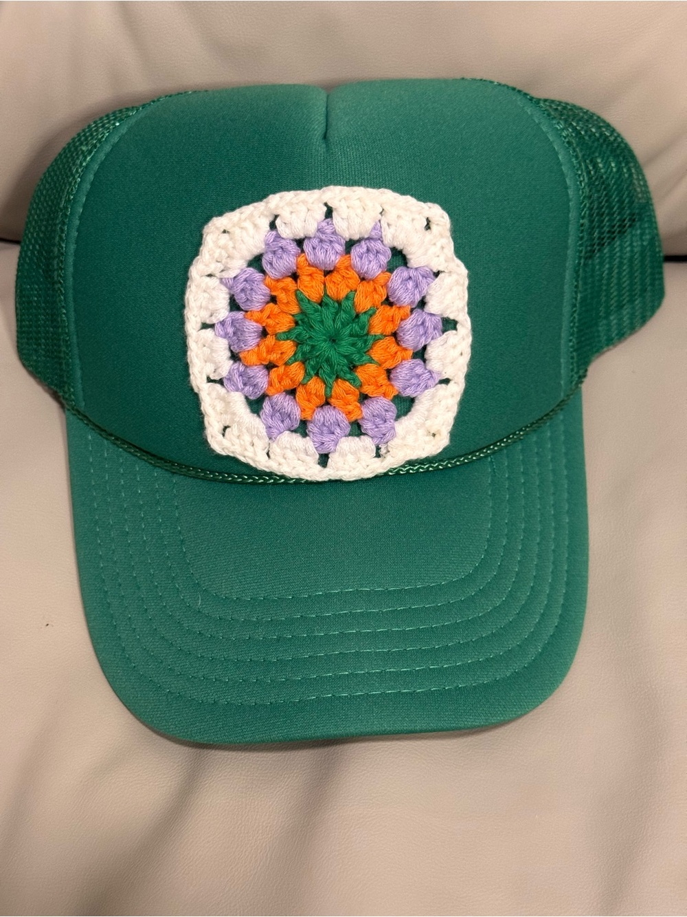Green Crochet Patch Trucker Hat - Handmade Accent